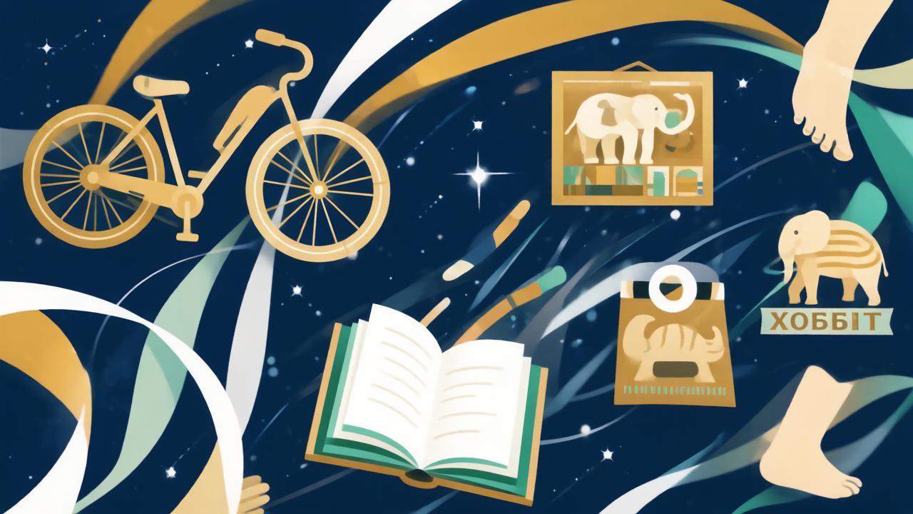 Коллаж из символов праздников 22 сентября: велосипед, слон, носорог и книга о хоббитах